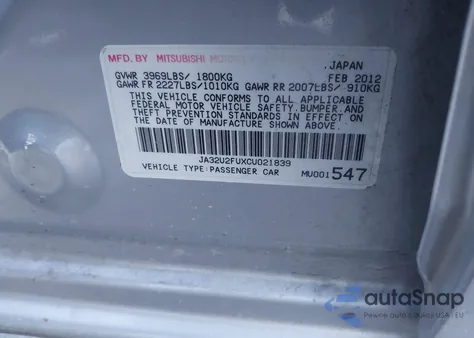 2012 Mitsubishi Lancer Es from USA, damaged, VIN JA32U2FUXCU021839